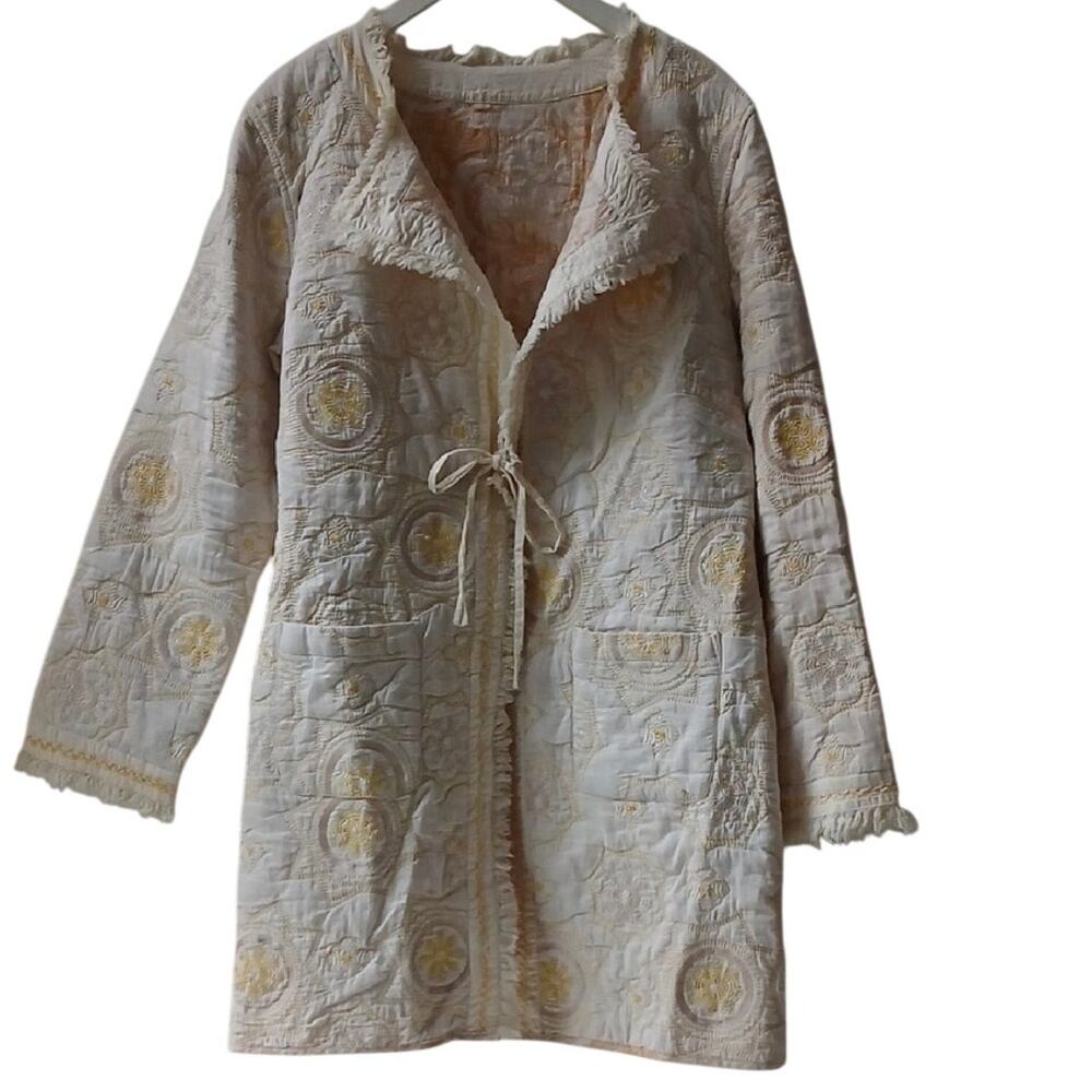 J.Jill Reversible Embroidered Cotton Duster Jacket Ivory Gold MP Petite